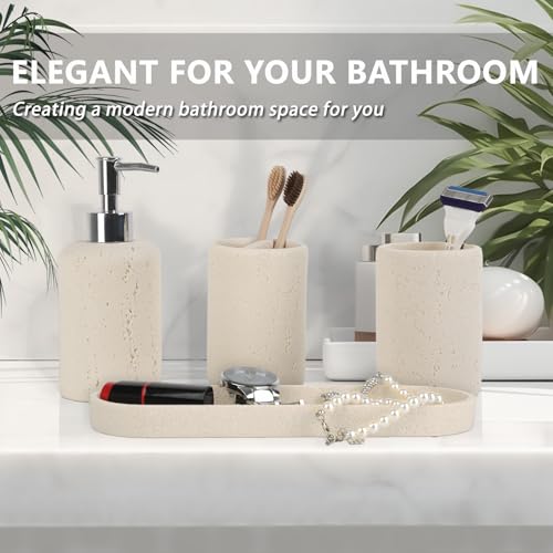 Bathroom Accessories Set,4 Piece Travertine Stone Look Bathroom Accessory Set with Soap Dispenser,Toothbrush Holder,Vanity Tray,Tumbler,Bathroom Organizer for Modern Bathrooms（Light Cream） - color: Light Cream