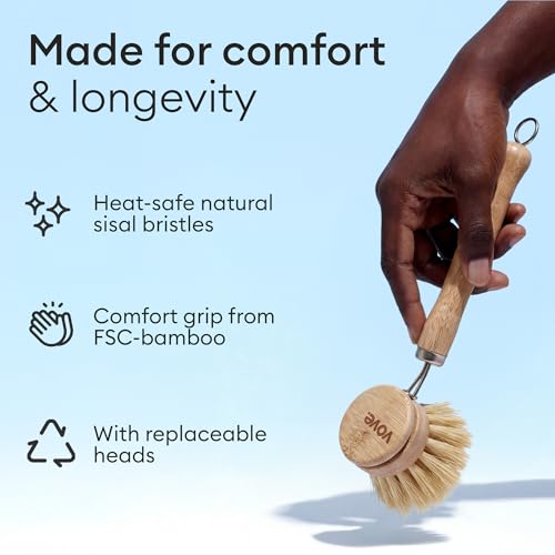 Vove Bamboo Dish Brush with 3 Replacement Heads, Plastic-Free Kitchen Scrub Brush for Pots Pans and Dishes, FSC-Certified Bamboo Handle with Natural Fiber Bristles, Non-Toxic Zero-Waste - style: Brush set - Handle & 3 Replacement Heads
