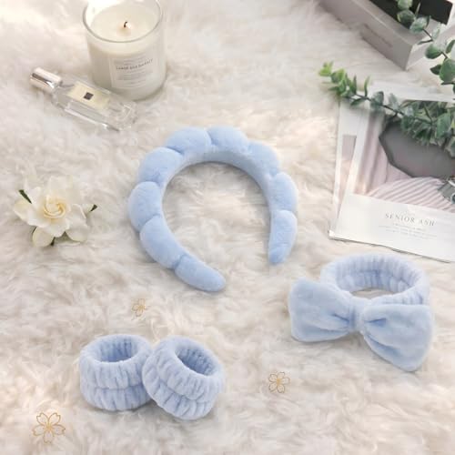 Headband for Washing Face and Wristband Set, Blue | Soft absorbent fabric, snug head-hugging fit for face washing, skincare, makeup, masks, travel, women and teen girls - color: Blue