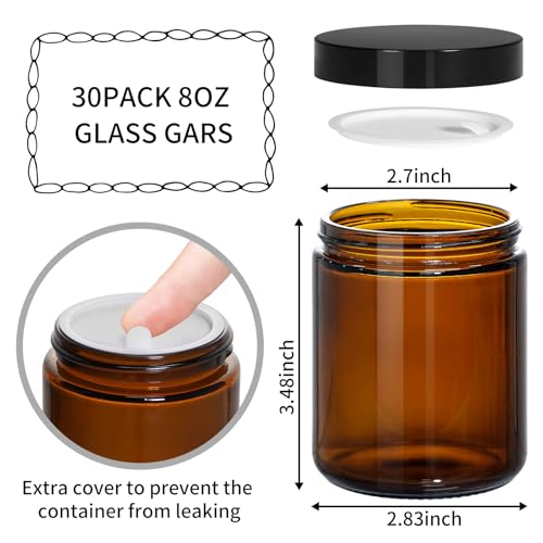 KEYWING 30Pack Amber Glass Jars with Black Lids, 8 oz Empty Cosmetic Jars with Inner Liners, Round Lotion Containers for Cream, Powders and Ointments - color: Amber, size: 8oz-30Pack