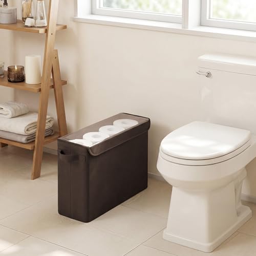Cupic Cupid Toilet Paper Storage Baskets, Bathroom Toilet Paper Storage with Lid, Holds 12 Regular or 9 Mega Rolls, Slim Toilet Tissue Holder Basket with Clear PVC Lid and Handles, Brown - color: Brown