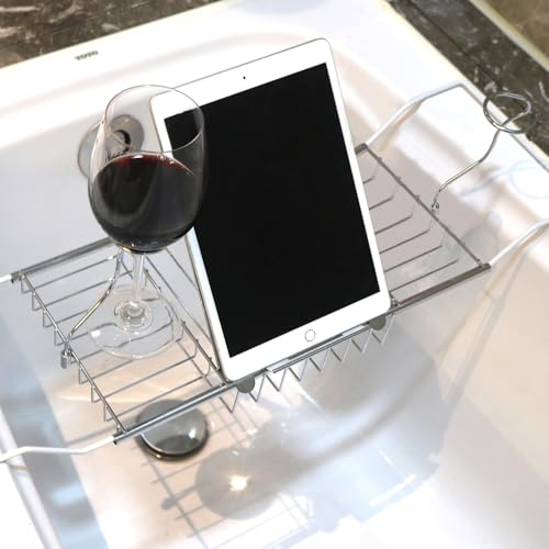 BDL Bathtub Caddy Tray Expandable Bath Tub Table with Wine Holder, Free Soap Dish and Laptop Reading Rack, Bathtub Tray for Home (Silver) - color: Silver