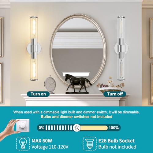 Hardwired Chrome Bathroom Vanity Light Clear Glass Wall Sconce | Up & Down Bidirectional Lighting, Damp Rated For Bathrooms, Dimmable, Rustproof Metal, 3-Year Manufacturer Warranty - color: Chrome-A