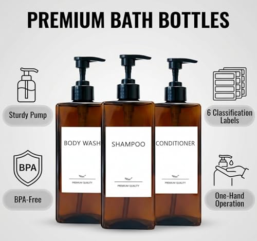 Shampoo and Conditioner Dispenser Set, 3Pack Refillable Shampoo and Conditioner Bottles with Labels, 500ml Soap Dispenser 16.9oz Shower Dispenser Square Pump Bottle for Bathroom and Kitchen - Amber - color: Amber - 3pack 16.9oz