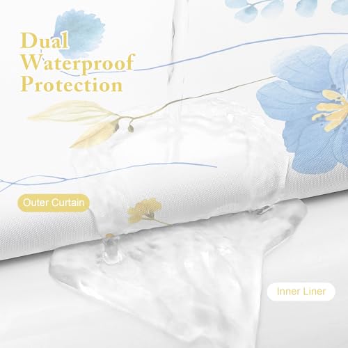 Gibelle Small Stall 3 in 1 Shower Curtain Set, Blue Yellow Watercolor Floral Bath Curtain and PEVA Liner Set with 12 Double Sided Steel Hooks, Waterproof Fabric Bathroom Curtain 36x72 - color: Blueyellow, size: 36"W x 72"L (Pack of 1)