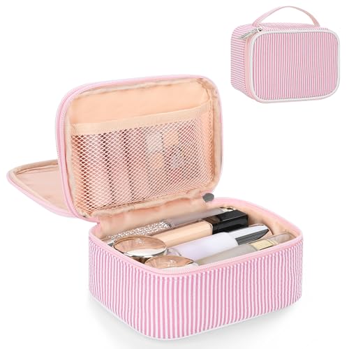 Relavel Travel Makeup Bag, Small Pink Cosmetic Bag with 2 Makeup Brush Holders, Portable Compact Makeup Pouch for Women, Cute Toiletry Bag with Double Layer Organizer, Pink Strip - color: 01-Pink Strip, size: SMALL