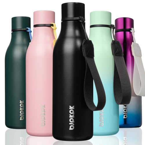 BJPKPK Insulated Water Bottles, 18 oz Stainless Steel Metal Water Bottle with Strap, BPA Free Leak Proof Jugs, Mugs, Flasks, Reusable Thermal Flasks for Sports & Travel, Black - color: Black, size: 18 Ounces, style: 18oz