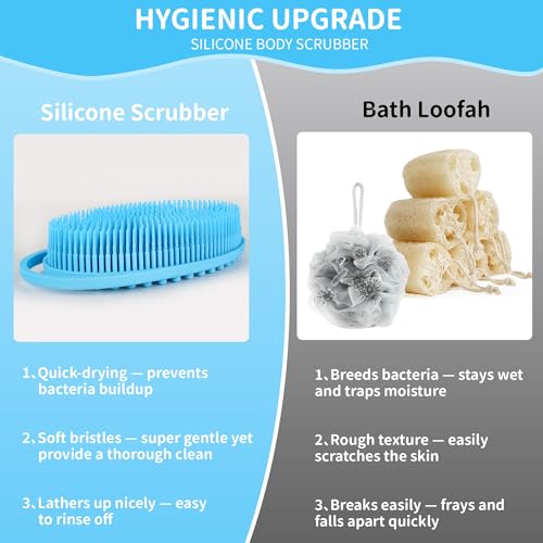 Silicone Body Scrubber for Shower – 2 Pack Soft Exfoliating Loofah Alternative, Gentle & Quick-Drying Silicone Body Wash Scrubber Brush for Sensitive Skin Women Men Kids (Blue & Green)