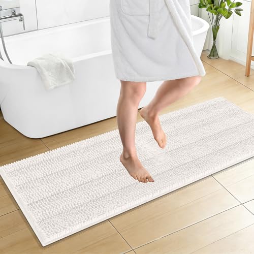 OLANLY Thick Bathroom Runner Rugs 59x20, Absorbent Chenille Striped Bath Rugs, Rubber Backing, Machine Wash Dry, Extra Long Bath Mats for Bathroom Floor, Tub and Shower, Home Decor Accessories, Ivory - color: Ivory, size: 59" X 20"