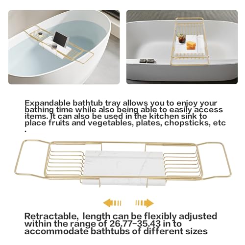 Expandable Bathtub Tray Caddy Shelf with Marble Table Mobile/Tablet Stand, Luxury Bath Tub Tray Rack, Bathroom Home Spa Shower Accessories Perfect Relaxing Spa Gifts for Women and Towel - color: Gold Rack+white Marble Board