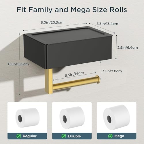 FORIOUS Toilet Paper Holder with Shelf, SUS304 Stainless Steel Wall Mount Toilet Paper Roll Holder, Flushable Wipes Dispenser Fits for Bathroom Wipe Storage, Bathroom Organizer (Black & Gold) - color: Matte Black & Brushed Gold, size: 1 Pack-8" (L)