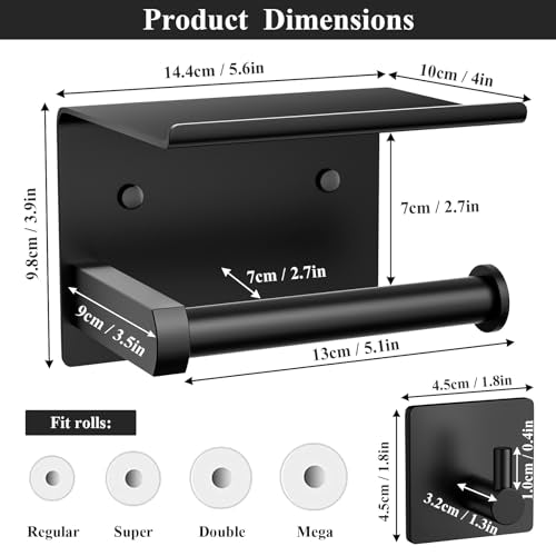 Tindbea Toilet Paper Holder Wall Mount + Towel Robe Hooks, Adhesive or Screw Wall Mounted Toilet Paper Roll Holder with Shelf, Stainless Steel Bathroom Organizers and Storage Kit (Matte Black) - color: Matte Black, size: Regular