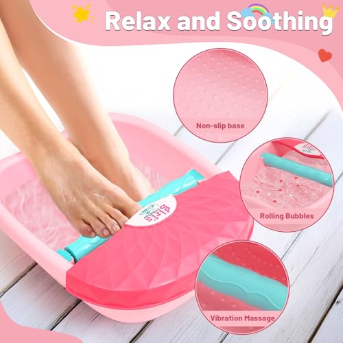 Kids Foot Spa Kit with Pedicure Set for Girls 3-8, All-in-1 Kids Spa Day Kit with Bubble Soak & Massage, Sleepover Party Birthday Gifts - color: Pink