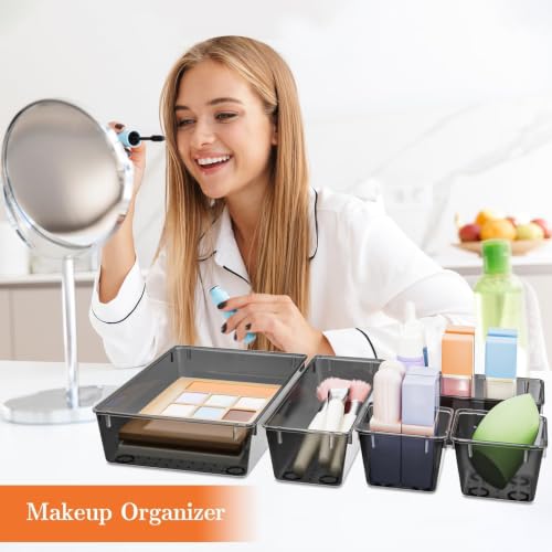 SpaceHacks 25 PCS Plastic Drawer Organizer Set, 4-Size Versatile Organizer Tool Trays & storage Bins for Makeup, Jewelry, and Gadgets in Bathroom, Bedroom and Office,Clear Black - color: Clear Black