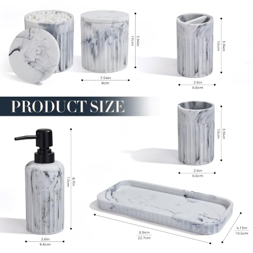 INIUNIK Bathroom Accessory Set, 6 Pieces, Marble White | Resin, Bathroom Accessories Set, with Soap Dispenser Set, Toothbrush Holders, Tumbler, Vanity Tray & 2 Qtip Holder - color: Marble White