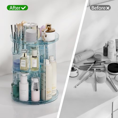 Rotating Makeup Organizer, DIY 8 Adjustable Layers Spinning Skincare Storage, Cosmetic Display Case with Brush Holder and Perfume Tray, Multi-Function Vanity Bathroom Countertop Organizer Clear Blue - color: Clear Blue