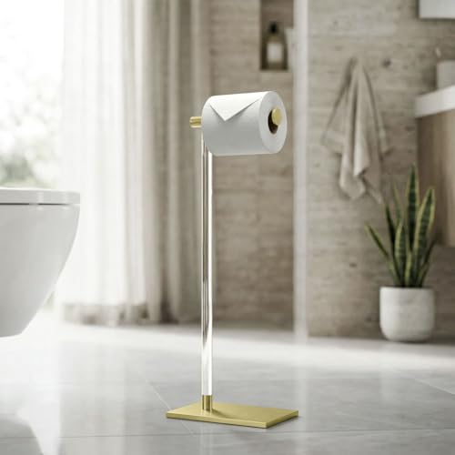 Gatco 1331B Toilet Paper Holder Stand, Brushed Brass with Acrylic Post, Rectangle Weighted Base, Freestanding Bathroom Floor Stand, 22.25 Inch - color: Brushed Brass/Acrylic, 22.25"h