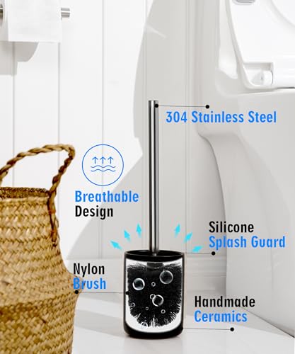 Ceramic Toilet Brush & Holder Set - Freestanding Deep-Cleaning Toilet Bowl Cleaner Brush, Stainless Steel Handle, Small & Sturdy for Storage, Easy to Clean, Non-Scratching - color: Matt Black
