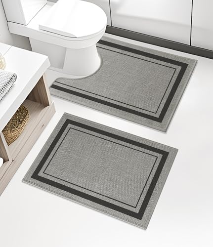 chakme 2 Piece Bathroom Rug Set, Ultra Thin Bath Mat, Quick Dry, Absorbent, Non Slip, Machine Washable, Dark Grey, 17"x24"+Toilet Mat - color: Dark Grey, size: 2-Piece (17" x 24" + Contour Mat)