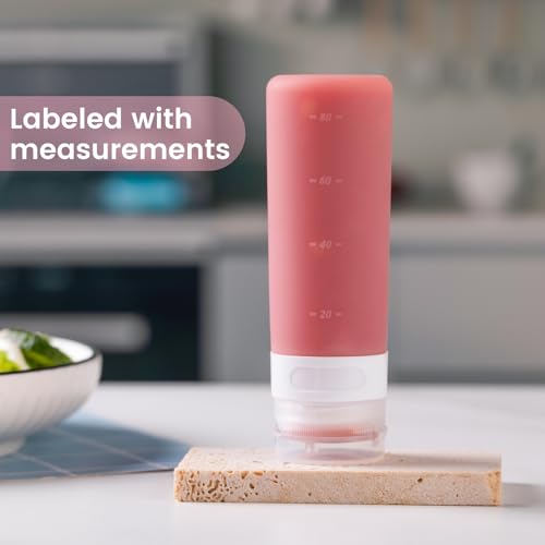 MICEBAY Condiment Squeeze Bottles for Sauces, 3-oz Mini Silicone Salad Dressing Container to Go with Snack Storage Bag, Leakproof Sauce Bottles for Lunch Box, 4 Pack, Pink - color: Pink, size: 3 OZ