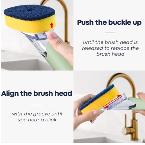 Dish Brush with Soap Dispenser Storage Set with 2 PCS Sponge Refills & Holder, Soap Dispensing Dish Brushes, Sponge with Soap Dispenser Handle, Dish Sponges with Handle for Dishes Pans Pots Sink - color: Green