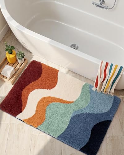 DEXI Bathroom Rug Washable, 43x24 Non Slip Bath Large Mat Absorbent, Soft Plush Microfiber Bathmat Quick Dry for Shower Floor, Colorful - color: Abstract Colorful, size: 43" X 24" (Rectangular)