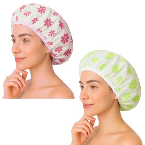2Pcs Waterproof Shower Cap Set, Elastic Band, Reusable EVA Bathing Caps, Ideal for Long Hair & Various Hairstyles Protection,Green+Red Snowflake