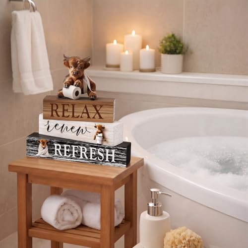 Cinnvoice 4 Pcs Highland Cow Bathroom Decor Farmhouse Bathroom Decoration Western Relax Renew Refresh Table Centerpiece Gift for Christmas Valentines Back to School - style: Relax Renew Refresh