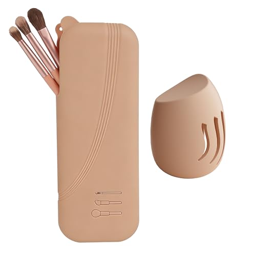 Large Silicone Makeup Brush Bag and Sponge Holder Set, Portable Snap Closure Cosmetic Bag, Soft Reusable Cosmetic Display Case for Travel Daily Use (Khaki) - color: Khaki