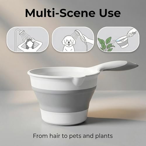 Premium Silicone Bath Rinse Cup & Water Pourer - Large Capacity Gray and White Bath Cup for Rinsing Hair, Shower Hair Washing Mug, Pet Bathing, and Travel