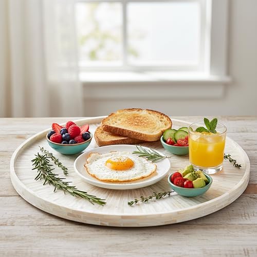 PEMAR 22" Round Mother of Pearl Extra Large Ottoman Tray with Raised Edge, Oversized Decorative Luxury Wooden Serving Tray for Food, Coffee Table, Breakfast in Bed (White Cream Sunlight)