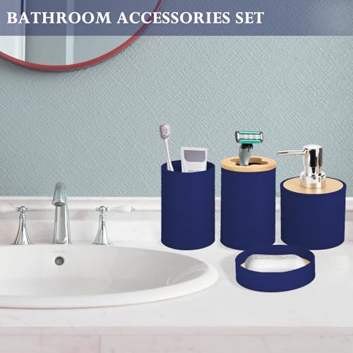 4 Pieces Bamboo Bathroom Accessories Set, Bathroom Accessory Set with Soap Dispenser and Toothbrush Holder, Soap Dish and Toothbrush Cup, Boho Bathroom Décor(Navy Blue) - color: Navyblue