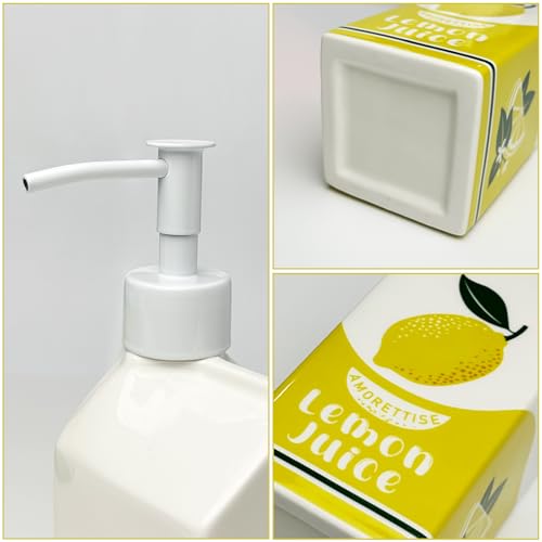 Ceramic Lemon Hand Soap Dispenser Pump Bathroom Kitchen Refillable Bottle | Cute Funny Design, Refillable, Reusable, 300ml/10oz - color: Lemon