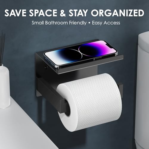 Auxmir Self Adhesive Toilet Paper Holder with Shelf, Premium SUS304 Stainless Steel Rustproof Wall Mounted Toilet Roll Holder, Toilet Tissue Holder for Bathroom Shower Washroom Kitchen RV, Black - color: Tp Holder With Shelf-black