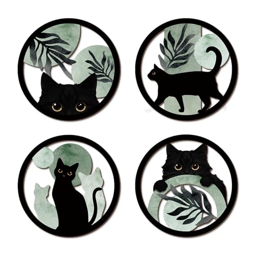 TOARTi 4PCS Boho Black Cat Wooden Wall Art,Sage Green Cats Round Wall Decor,Bohemian Green Plant Hanging Art,Minimalist Botanical Kitty Artwork for Farmhouse Bedroom Living Room Black Cats Room Decor - color: 4pcs Sage Black Cat Wall Art