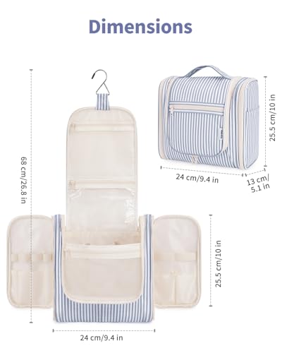 Narwey Striped Hanging Travel Toiletry Bag for Women, Travel Bag for Toiletries, Makeup Bag Organizer Cosmetic Bags Make Up Bags for Women (Greyish Blue Stripe) - color: CA-Greyish Blue Stripe, size: Large