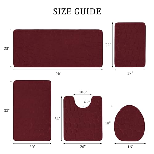YIHOUSE Bathroom Rugs Mat Set, Memory Foam Bath Mat 5 Piece Red | Non Slip, Water Absorbent, Washable, Bath Mat For Bathroom, Sink and Toilet - color: Dark Red, size: 3'11" x 1'8" (Rectangular)