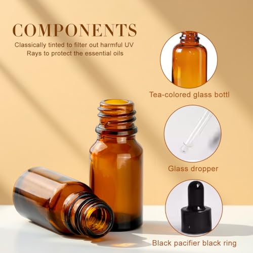 erioctry 5ML/10ML Amber Glass Essential Oil Bottles and Eyed Dropper Black Caps Makeup Cosmetic Sample Container Boxes of Glass for Essential Oil Aromatherapy Use(Pack of 12) (5ML) - size: 5ML
