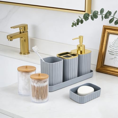 Grey Bathroom Accessory Set-9PC Set with Toilet Brush, Trash Can, Soap Dispenser, Q-Tip Holder | Modern Home Bath Essentials (Grey, Bath Set) - color: Grey&gold, size: 9-Piece Bath Set