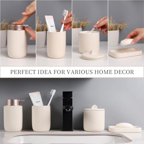 BosilunLife Apricot Bathroom Accessories Set - Ceramic Bathroom Accessories Sets Complete Foaming Soap Dispenser and Toothbrush Holder Set, Soap Dish, Qtip & Cotton Ball Holder Modern Bathroom Set - color: Smooth-apricot-foam