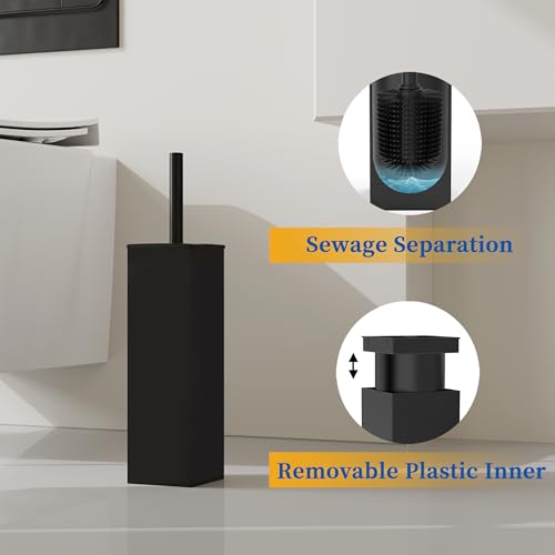 RUACQ Toilet Brush and Holder Set,Square Toilet Bowl Brush for Bathroom with 304 Stainless Steel Handle Toilet Cleaner Brush with Durable Scrubbing Bristles,Splash-Proof (Matte Black)