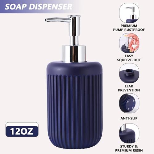 XLHOMO Resin Navy Blue Bathroom Accessories Set 5 Pcs, Lotion Soap Dispenser, Toothbrush Holder, Bathroom Tumbler, Qtip Holder and Vanity Tray, Bathroom Countertop Organizer Set for Modern Apartment - color: Navy Blue, size: Resin Bath Set