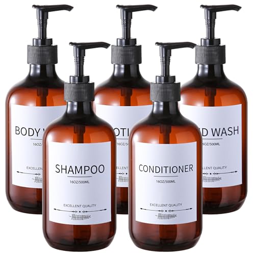 Stylish Shampoo Bottles Refillable with Pump,(5Pack) Amber Shampoo and Conditioner Dispenser,Shampoo Bottles with 8pcs Lables - color: Amber-w