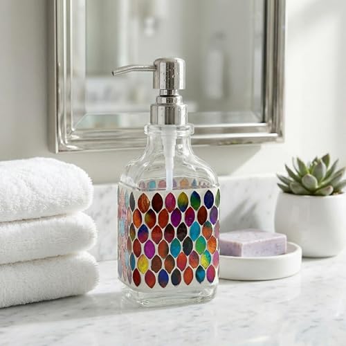 BOPPIE Handcrafted Mosaic Glass Soap Dispenser, Modern Countertop Hand & Dish Soap Dispenser for Bathroom/Kitchen, Refillable Liquid Soap Bottle with Stainless Steel Rust Proof Pump (Colorful Leaves) - color: Colorful Leaves