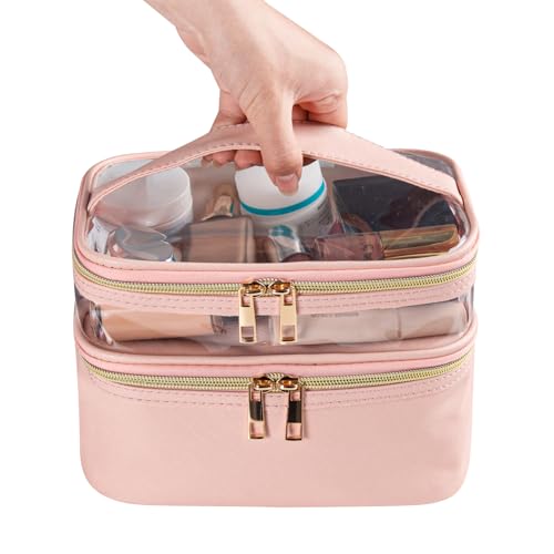 Pink Makeup Bag, Leather Double Layer Makeup Bag,Travel Accessories Toiletry Bag for Women,Travel Essentials Cosmetic Bag - color: 00-Pink