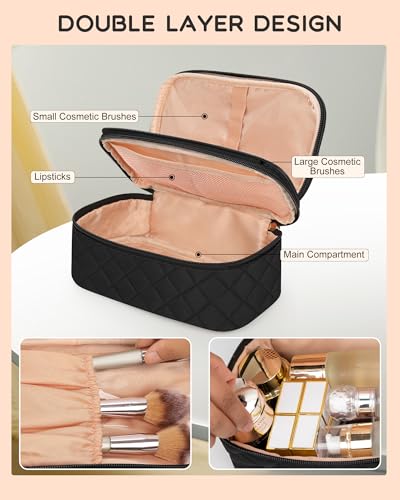Relavel Small Makeup Bag, Travel Makeup Bag, Cosmetic Bag for Women, 2 Layer Makeup Organizer, Black Make Up Pouch Waterproof, Makeup Brush Holder, Durable Zipper (Black) - color: 01-Black, size: MEDIUM