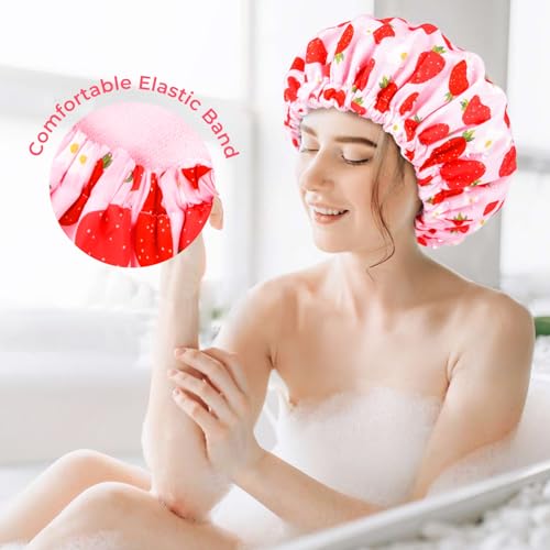 Shower Cap for Women Terry Lined Bath Cap Large Reusable Waterproof Elastic Band Pink Strawberry Shower Caps for Long Thick Hair Soft Bath Shower Hair Caps - color: Pink Strawberry Flowers