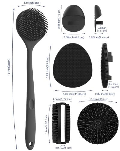 Manmihealth Silicone Back Scrubber & Soft Shower Face Brush Set 4 PCS(Thin Bristles), Super-Cleansing Body Scrubber & Strong Lathering Power Bath Glove Combination (Black) - color: Black, size: Thin Bristles Set