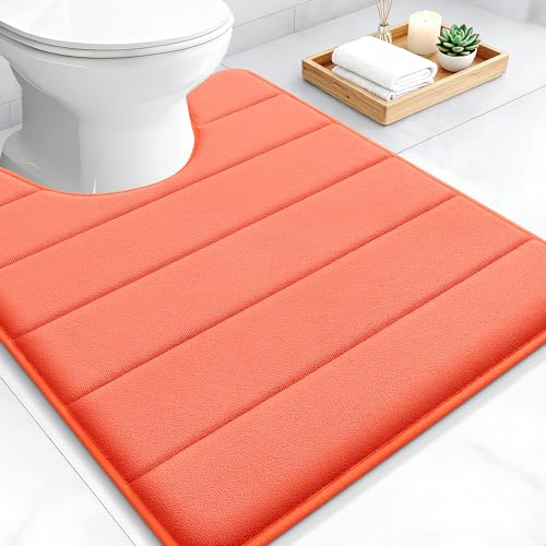 OLANLY Memory Foam Toilet Rugs U Shaped 24x20, Super Soft Absorbent Contour Bath Rugs, Quick Dry, Machine Washable Toilet Mat, Bathmat Floor Carpet, Bathroom Home Decor Accessories, Coral - color: Coral, size: 24" X 20" Contour Rug