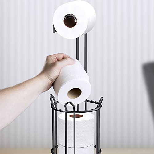 Meangood Toilet Paper Holder Stand and Tissue Paper Roll Dispenser for 4 Mega Rolls, Bathroom Free Standing Tissue Roll Storage Holder Rack, Metal Wire (Black) - color: Black 2